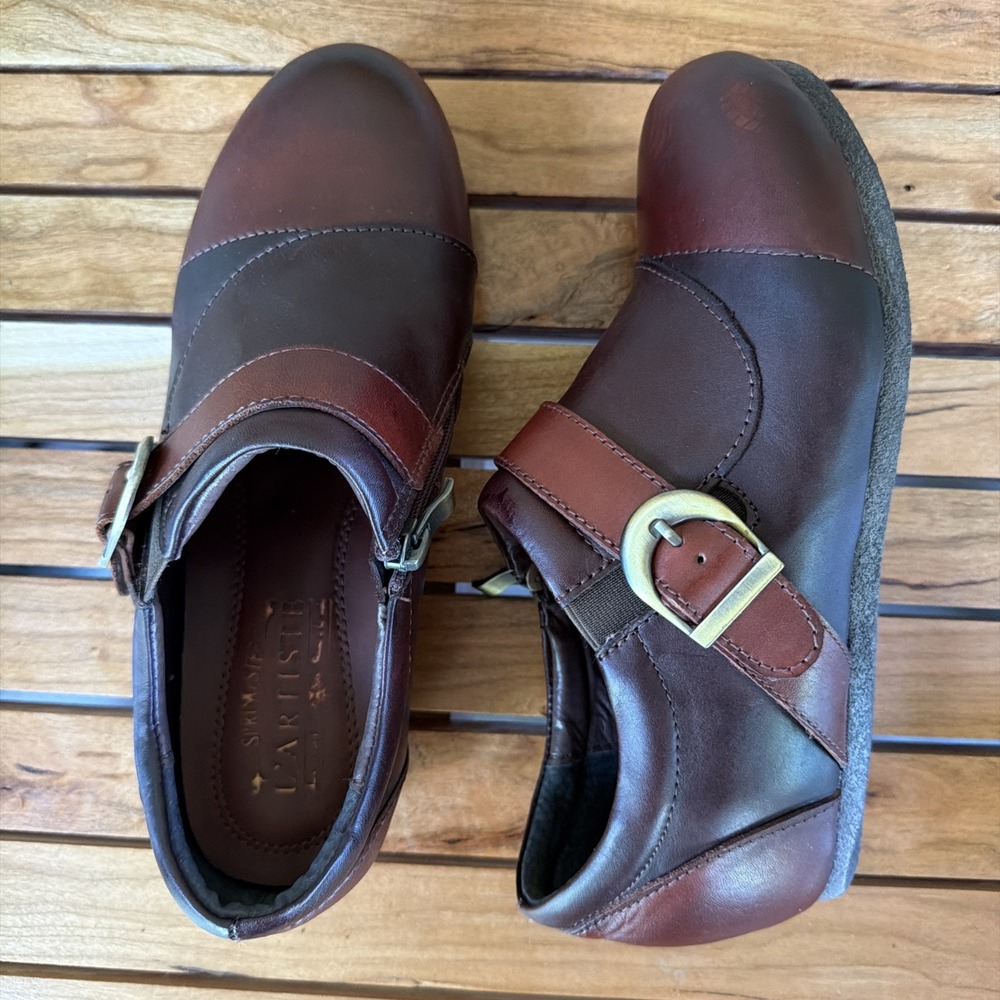 L'Artiste Spring Step Burgundy Leatherβ Clogs Monk Strap Buckle Women's 8 Boho